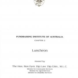 Menu - Luncheon Fundraising Institute of Australia, Parliament House - 1997