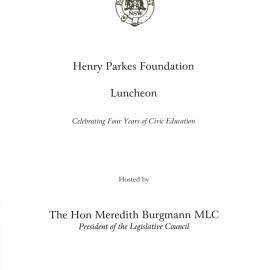 Menu - Luncheon Henry Parkes Foundation, Parliament House - 2002