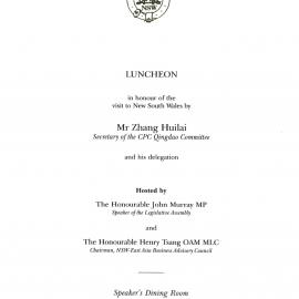 Menu - Luncheon Zhang Huilai, Communist Party of China, Speaker’s Dining Room, Parliament House - 2001