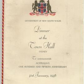 Menu Dinner at the Town Hall Sydney to Commemorate Australia's 150th anniversary 1938 