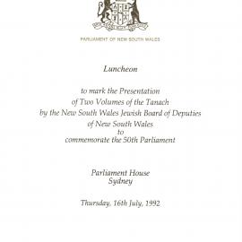 Menu - Luncheon Jewish Board of Deputies of NSW, Parliament House - 1992