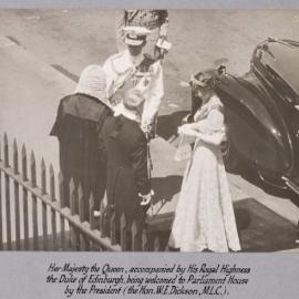 Queen Elizabeth II and Duke of Edinburgh welcomed to Parliament House by the President the Hon W. E Dickson