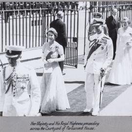 Queen Elizabeth II and Duke of Edinburgh proceeding across the Courtyard of Parliament House - 1954