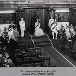 Queen Elizabeth II awaiting the arrival of the Members of the Legislative Assembly - 1954