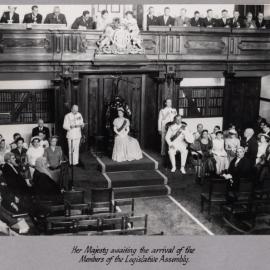 Queen Elizabeth II awaiting the arrival of the Members of the Legislative Assembly - 1954