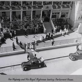 Queen Elizabeth II and Duke of Edinburgh leaving Parliament House - 1954