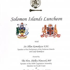 Menu - Luncheon Solomon Island Luncheon, Parliament House - 2012