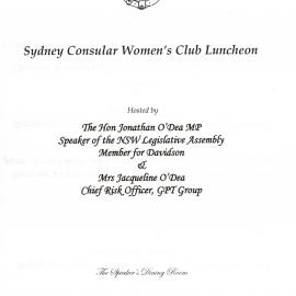 Menu - Luncheon Sydney Consular Womens Club Luncheon, Parliament House - 2019