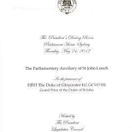 Menu - The Parliamentary Auxiliary of St John Lunch, Parliament House - 2012