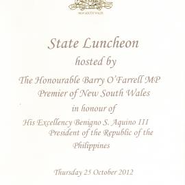 Menu - Luncheon Benigno S. Aquino III, President of the Philippines - 2012
