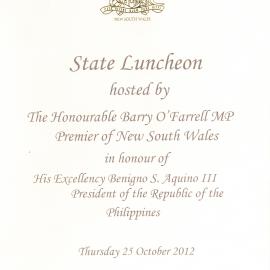 Menu - Luncheon Benigno S. Aquino III, President of the Philippines - 2012