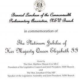 Menu - Luncheon Commonwealth Parliamentary Association, NSW Branch; Platinum Jubilee of Queen Elizabeth II, Parliament House - 2022