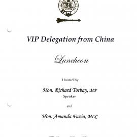 Menu - Luncheon VIP delegation from China, Parliament House - 2008 