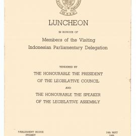 Menu - Luncheon Members of the visiting Indonesian Parliamentary Delegation, Parliament House - 1968