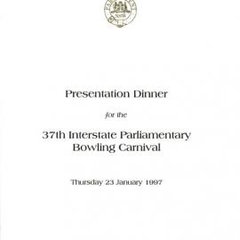 Menu - Dinner 37th Interstate Parliamentary Bowling Carnival, Parliament House - 1997