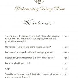 Menu - Winter bar, Parliamentary Dining Room, Parliament House undated