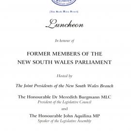 Menu - Luncheon former members of the New South Wales Parliament, Parliament House - 2003