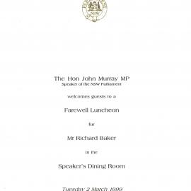 Menu - Luncheon Richard Baker, Parliament House - 1999