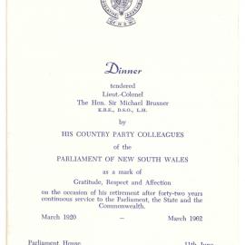 Menu - Dinner Sir Michael Bruxner, Parliament House - 1962