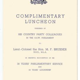 Menu - Luncheon Michael Frederick Bruxner, Parliament House - 1958