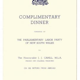 Menu - Dinner John Joseph Cahill, Premier and Colonial Treasurer, Parliament House - 1958