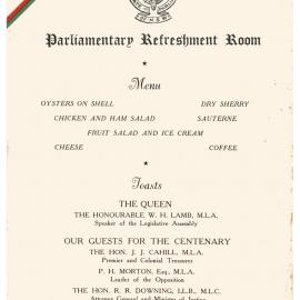 Menu - Luncheon Centenary of Responsible Government in NSW, Parliament House - 1956