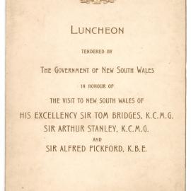 Menu - Luncheon Tom Bridges, Arthur Stanley and Alfred Pickford, Parliament House - 1923