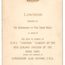 Menu - Luncheon Commodore Alan Hotham, New Zealand Division of the Royal Navy, Parliament House - 1923