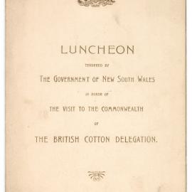 Menu - Luncheon British Cotton Delegation, Parliament House - 1922