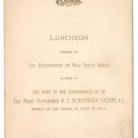 Menu - Luncheon V.S. Scrinivasa Sastri, Council of State of India, Parliament House - 1922