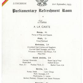 Menu - Luncheon, Parliamentary Refreshment Room - 1955