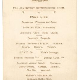 Menu wine list, Parliamentary Refreshment Room