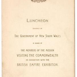 Menu - Luncheon Mission in connection with the British Empire Exhibition, Parliament House - 1922