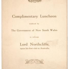 Menu - Luncheon Lord Northcliffe Parliament House - 1921