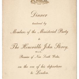 Menu - Dinner Hon. John Storey, Parliament House - 1921