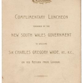 Menu - Luncheon Sir Charles Gregory Wade, Parliament House - 1920