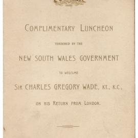 Menu - Luncheon Sir Charles Gregory Wade, Parliament House - 1920