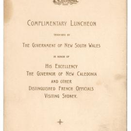 Menu - Luncheon His Excellency The Governor of New Caledonia, Parliament House - 1919