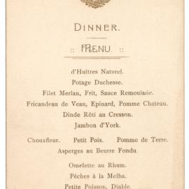 Menu - Dinner, Ministers’ Room - 1917