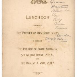 Menu - Luncheon William Irvine and William Alexander Watt, Parliament House - 1916