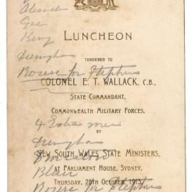 Menu - Luncheon Colonel Ernest Townshend Wallack, Parliament House - 1915