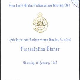 Menu - Presentation Dinner, 25th Interstate Parliamentary Bowling Carnival - 1985