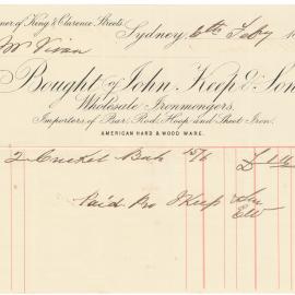 Invoice cricket bats - 1885