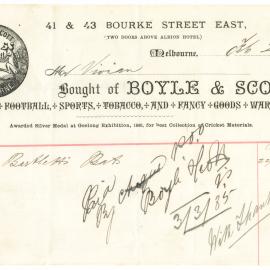Invoice cricket bats - 1885
