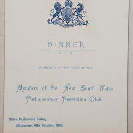 Menu - Members of the NSW Parliamentary Recreation Club 1909