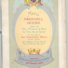 Menu - Dinner, in honour of Vice-Admiral Sir Frederick Field, Parliament House - 1924